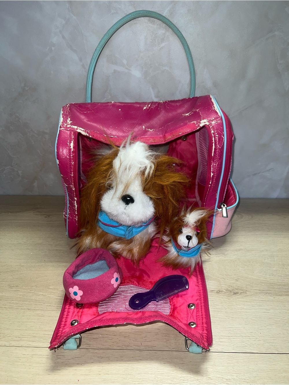 Vintage Pucci Pups Plush Dog Set w/ Carrier, Puppy, Bed & Comb
